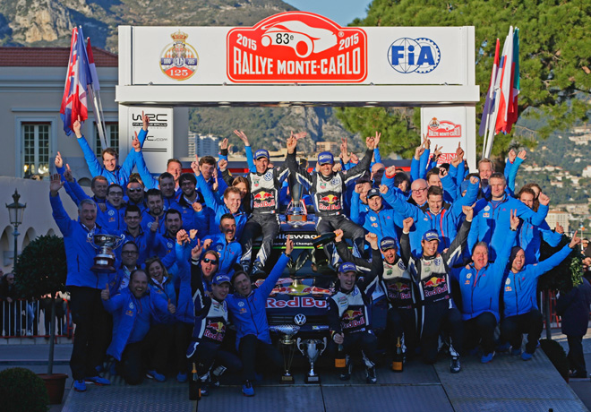 WRC - Monaco 2015 - Final - Sebastien Ogier y el equipo Volkswagen en el Podio
