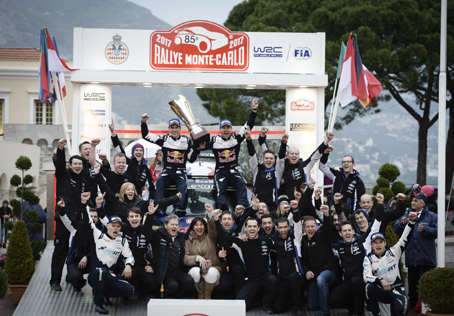 WRC - Monaco 2017 - Final - Sebastien Ogier y el equipo M-Sport en el Podio