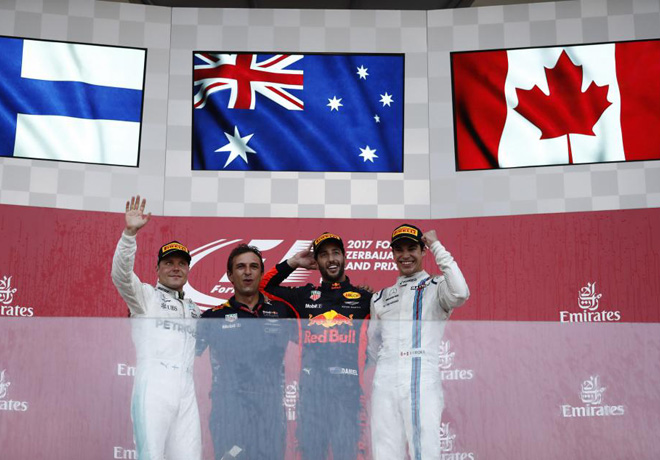 F1 - Azerbaiyan 2017 - Carrera - Valtteri Bottas - Daniel Ricciardo - Lance Stroll en el Podio