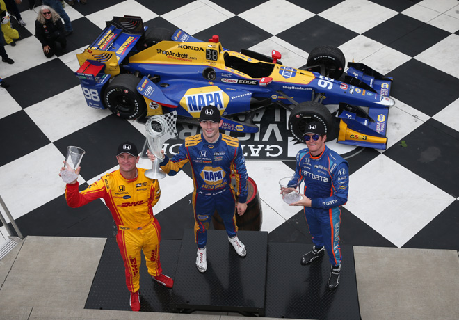 IndyCar - Watkins Glen 2017 - Carrera - Ryan Hunter-Reay - Alexander Rossi - Scott Dixon en el Podio