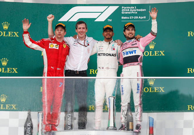 F1 - Azerbaiyan 2018 - Carrera - Kimi Raikkoinen - Lewis Hamilton - Sergio Perez en el Podio