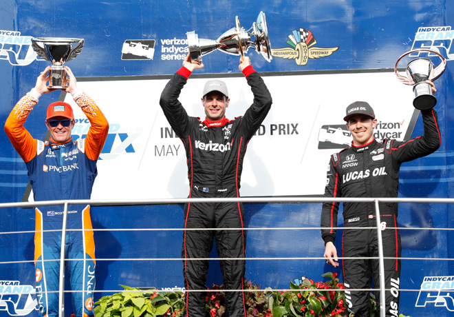 IndyCar - Indianapolis 2018 - Carrera - Scott Dixon - Will Power - Robert Wickens en el Podio