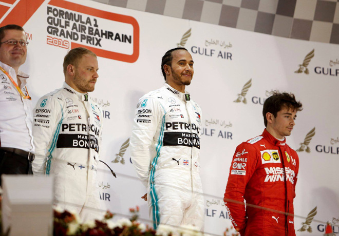 F1 - Bahrein 2019 - Carrera - Valtteri Bottas - Lewis Hamilton - Charles Leclerc en el Podio