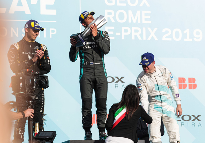 Formula E - Roma - Italia 2019 - Carrera - Andre Lotterer - Mitch Evans - Stoffel Vandoorne en el Podio