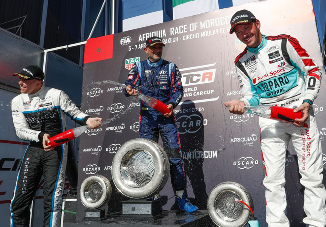 WTCR - Marrakech - Marruecos 2019 - Carrera 2 - Yann Ehrlacher - Gabriele Tarquini - Jean-Karl Vernay en el Podio
