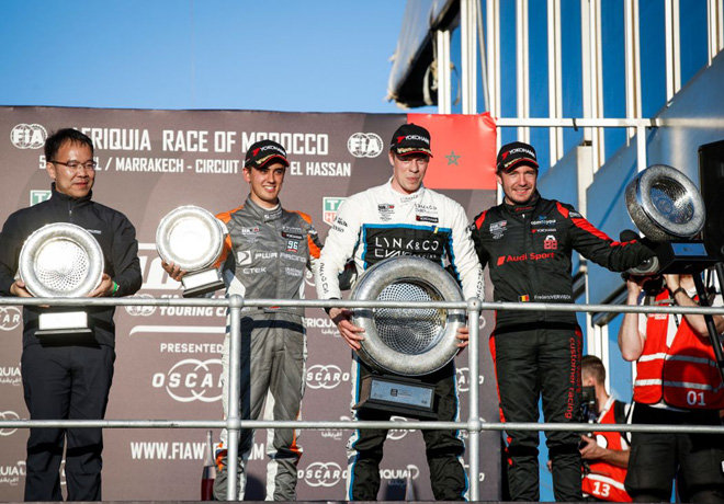 WTCR - Marrakech - Marruecos 2019 - Carrera 3 - Mikel Azcona - Thed Bjork - Frederic Vervisch en el Podio