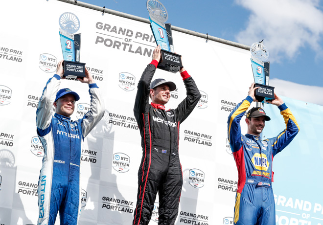 IndyCar - Portland 2019 - Carrera - Felix Rosenqvist - Will Power - Alexander Rossi en el Podio