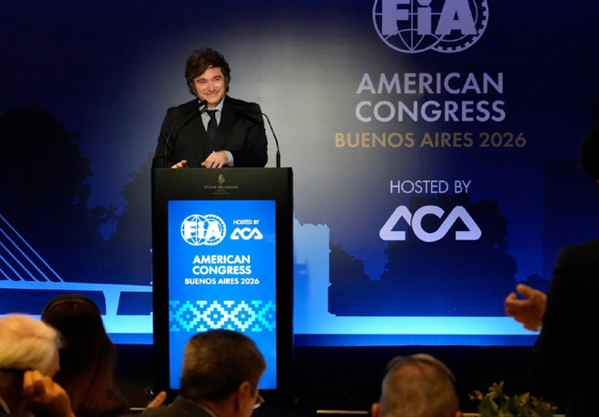 El presidente de la Nación, Javier Milei, y el presidente de la FIA, Mohammed Ben Sulayem, inauguraron el Congreso Americano de la FIA en Buenos Aires.